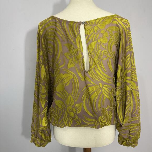 Cynthia Vincent Velvet Tropical Boho Artsy Top Large Blouse Peasant Neon Citron - Picture 6 of 10